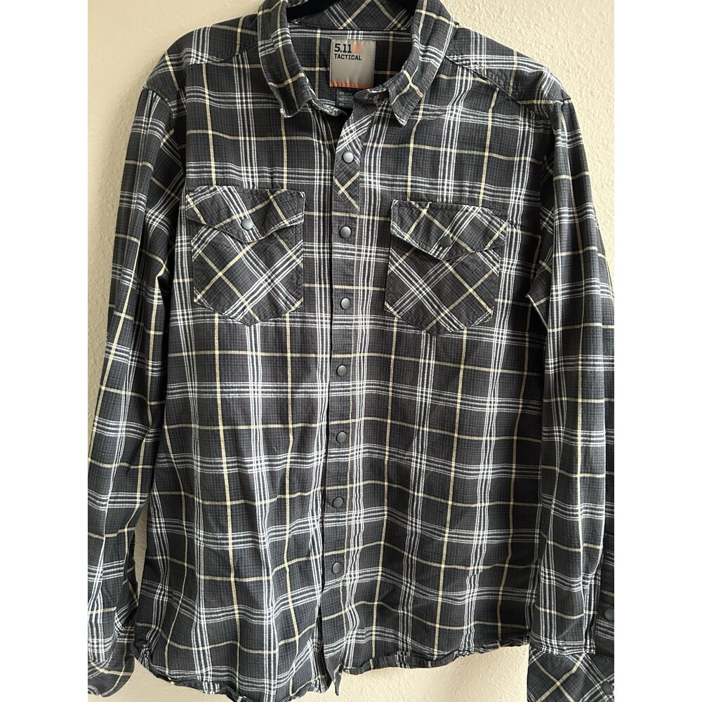 511 Tactical Shirt Mens Sz L  Plaid ,Snap, Dark Gray, Gold, White Multicolor